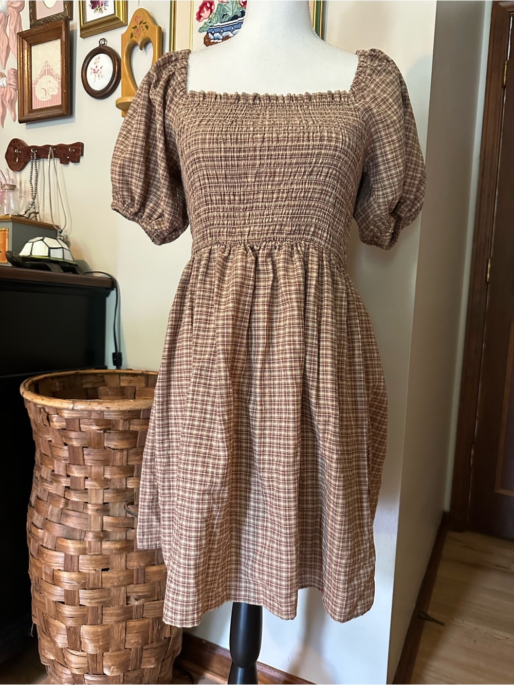 dRa Los Angeles brown plaid mini dress with puffy sleeves and smocked bust